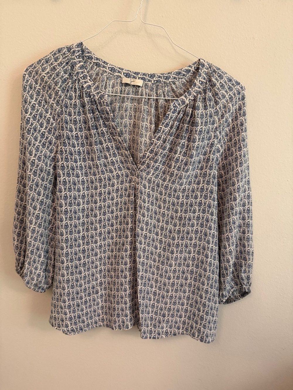Joie Blue Patterned Split-Neck Peasant Blouse